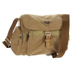 Authentic PRADA Shoulder Bag Nylon Khaki Silver